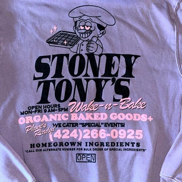 Open 925 Stoney Tony’s Wake and Bake Goods Lavender Purple Small Hoodie Unisex - Picture 2 of 9